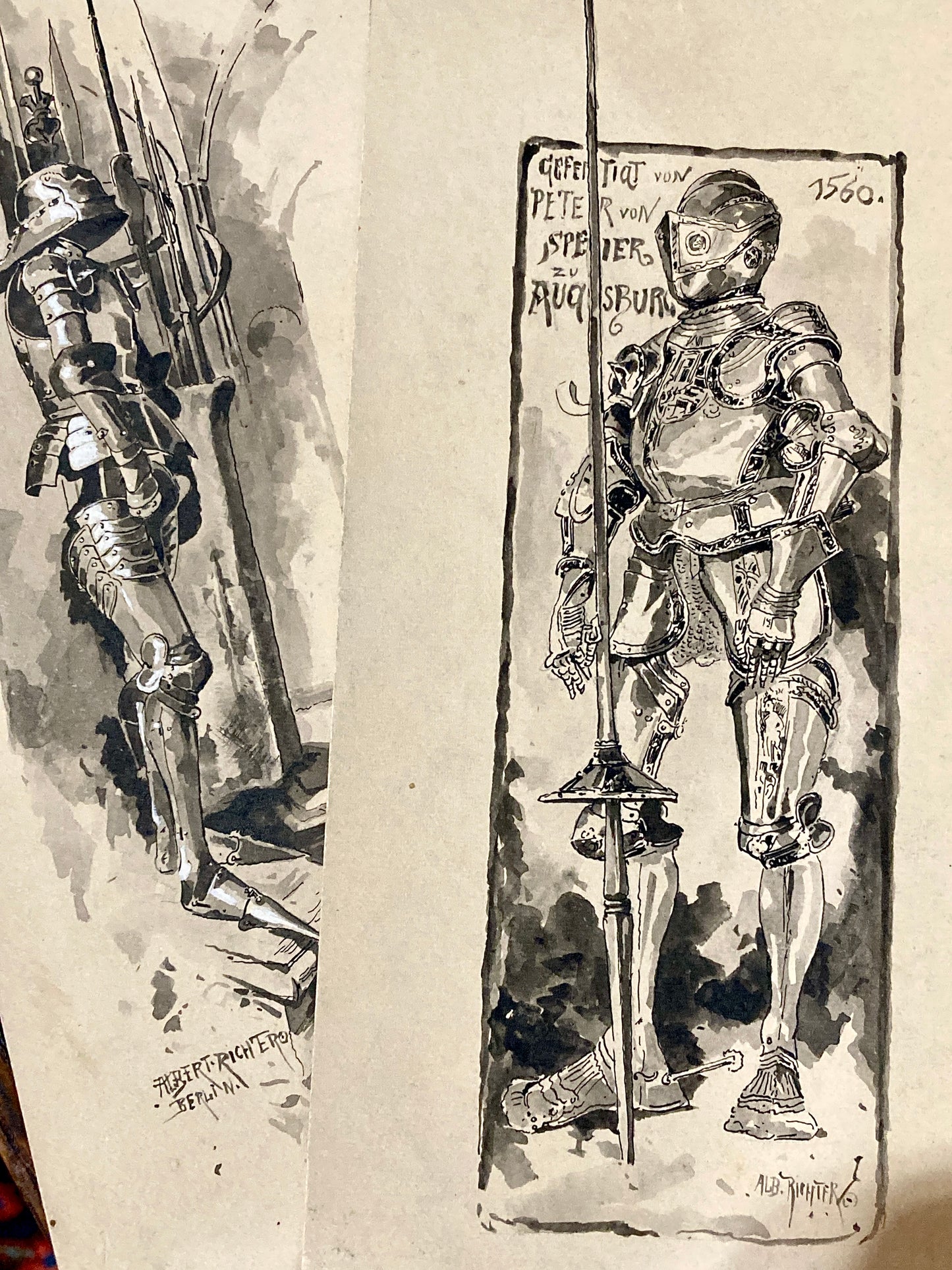 Pair Antique Albert Richter (1845 - 1898) Knight Armour Suit Fine Art Drawings