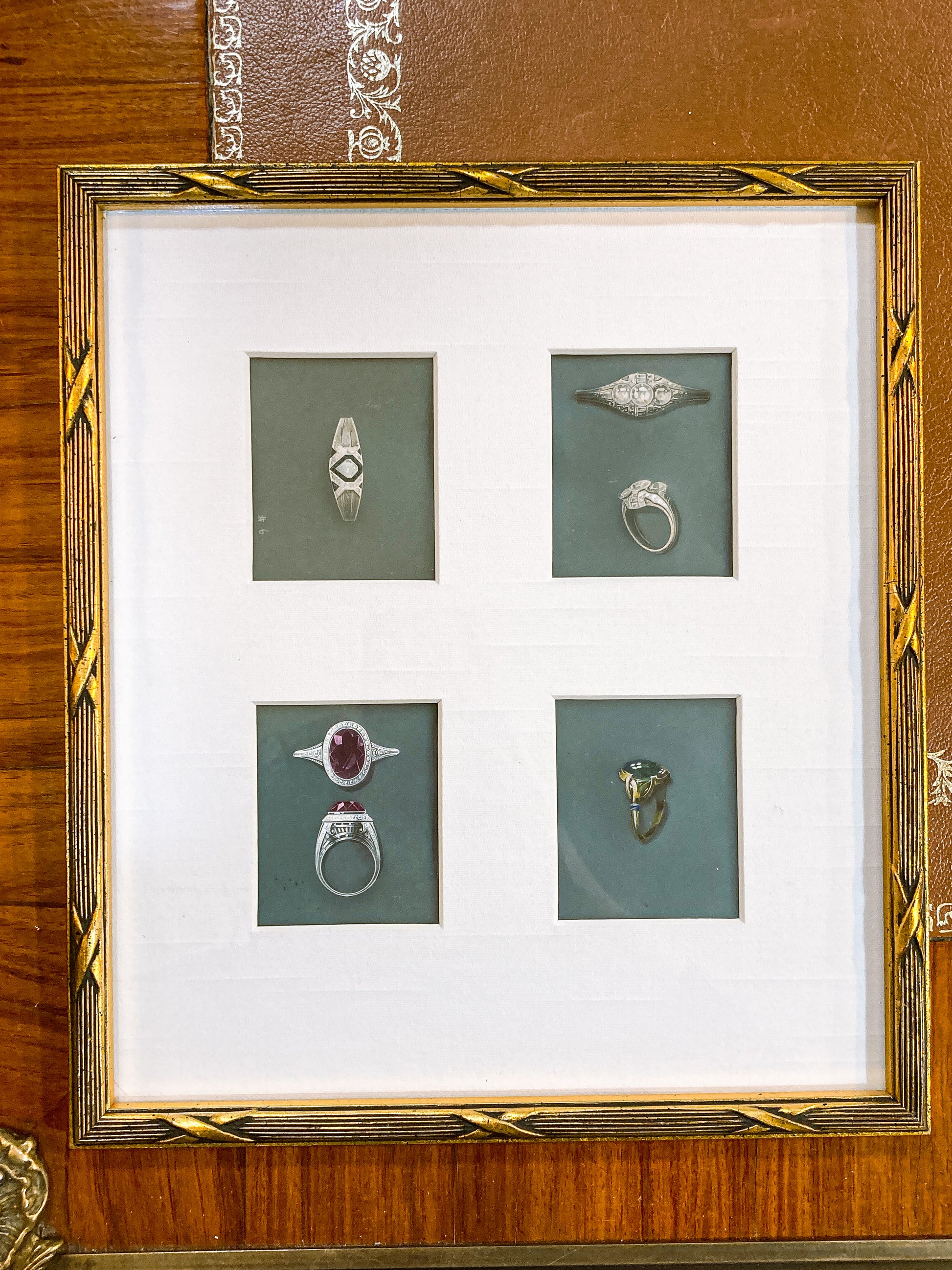 Set of Five Framed Antique Jewelry Rendering Painting Drawings Wall Art Rings