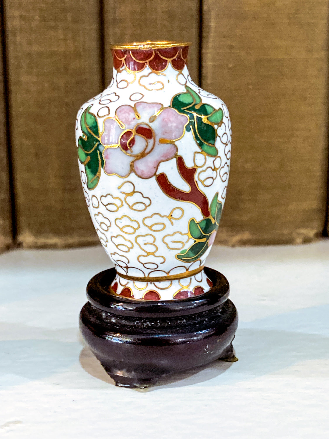 Set of Five Miniature Chinese Cloisonné  Vases Wooden Stands Original Box White Vase 1