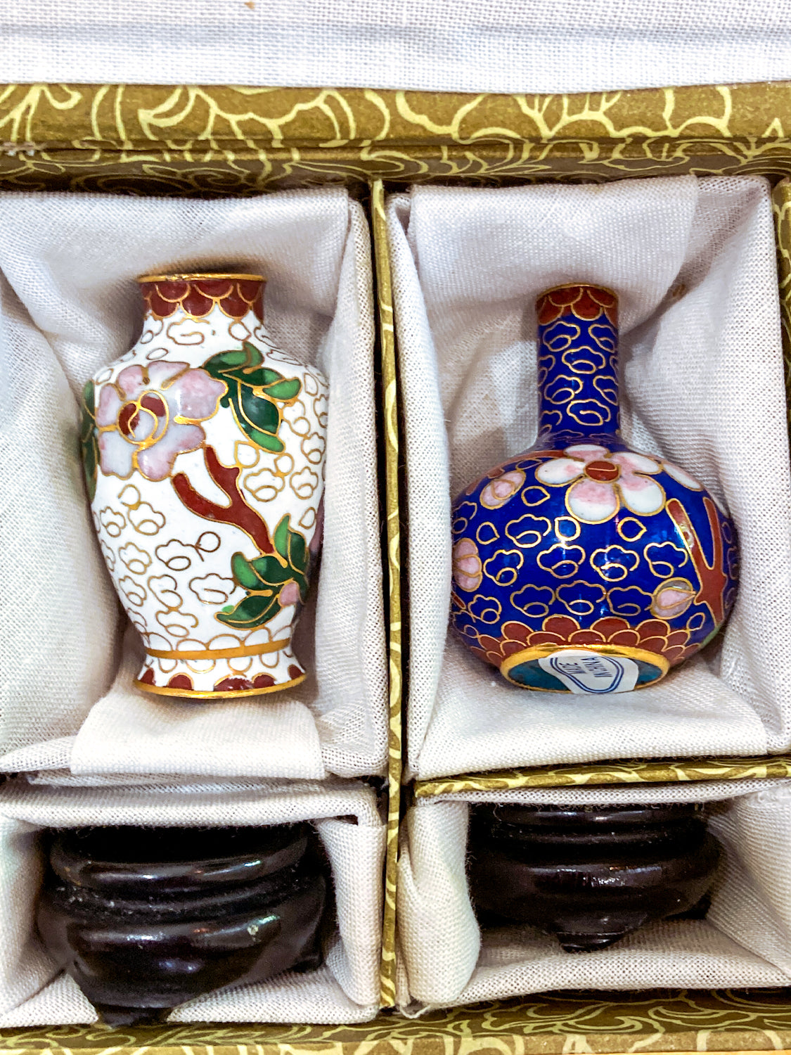 Set of Five Miniature Chinese Cloisonné  Vases Wooden Stands Original Box