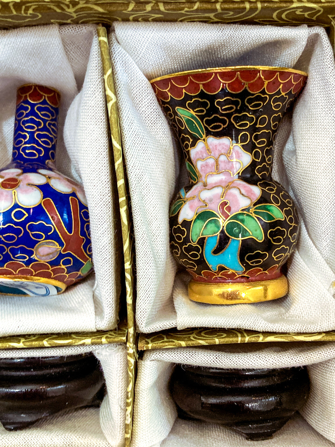 Set of Five Miniature Chinese Cloisonné  Vases Wooden Stands Original Box