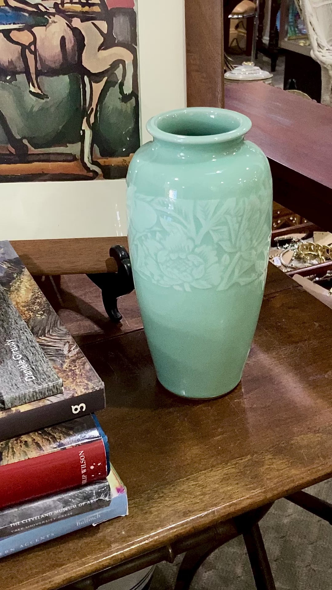 Vintage Art Deco Style Celadon Glaze Foliate Banded Tall Korean Ceramic Vase Video