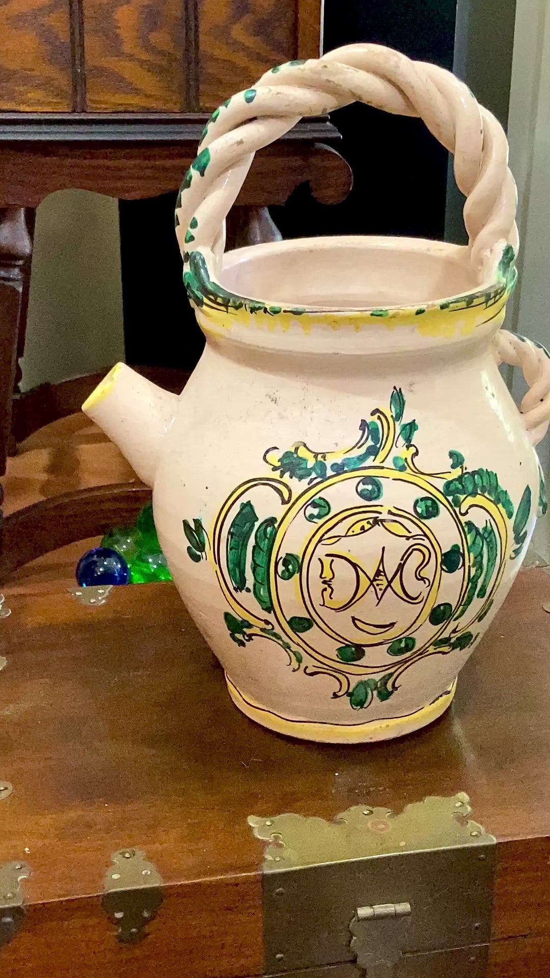 Antique Talavera Hand Painted Green Yellow Ceramic Olive Oil Water Jug Video