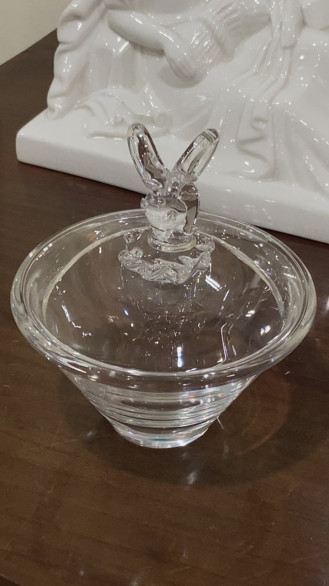 Hand Blown Steuben Clear Crystal Ram's Head Knop Lidded Tapered Jar