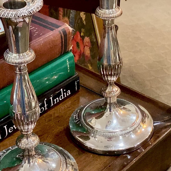 Pair 20th Century Georgian Style Silver-Plated Tall Weighted Candlesticks Video