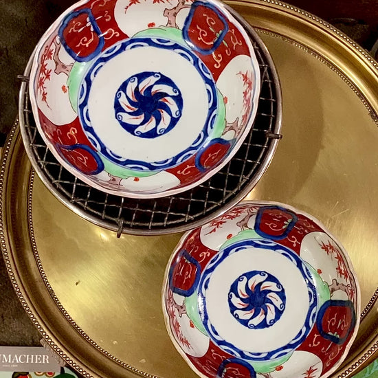 Pair Antique Japanese Meiji Period Fox Theme Red Blue Imari Porcelain Bowls Video