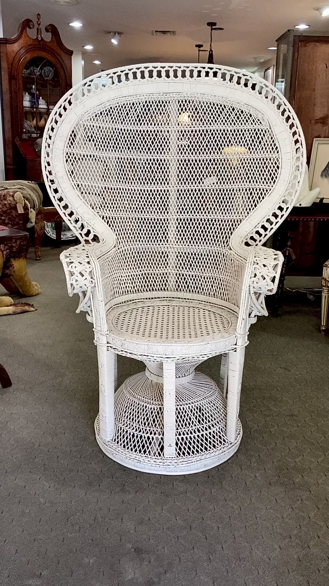 Gorgeous Vintage Antique-Inspired Intricately Woven White Wicker Peacock Chair Video
