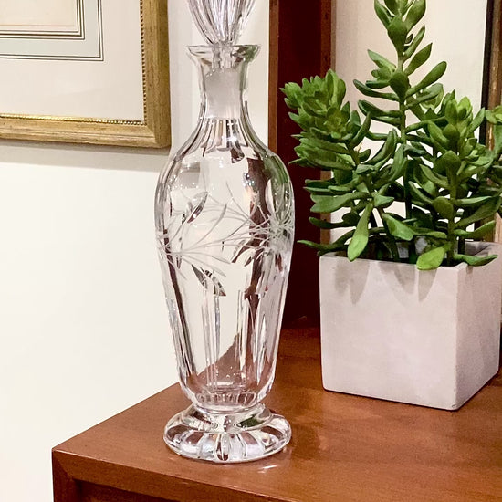 Vintage Clear Glass Etched Details Sculptural Stopper Decanter Barware