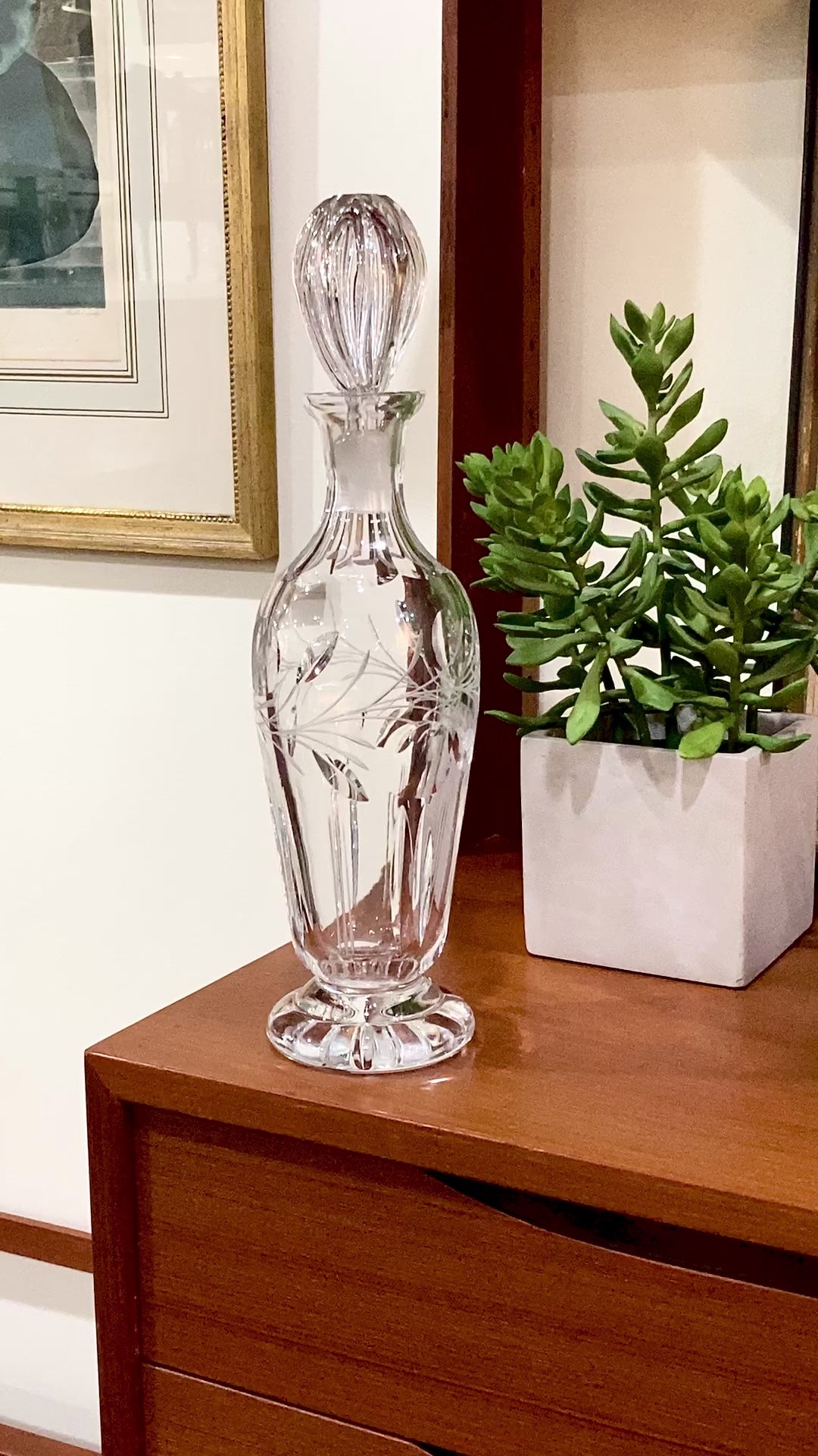 Vintage Clear Glass Etched Details Sculptural Stopper Decanter Barware