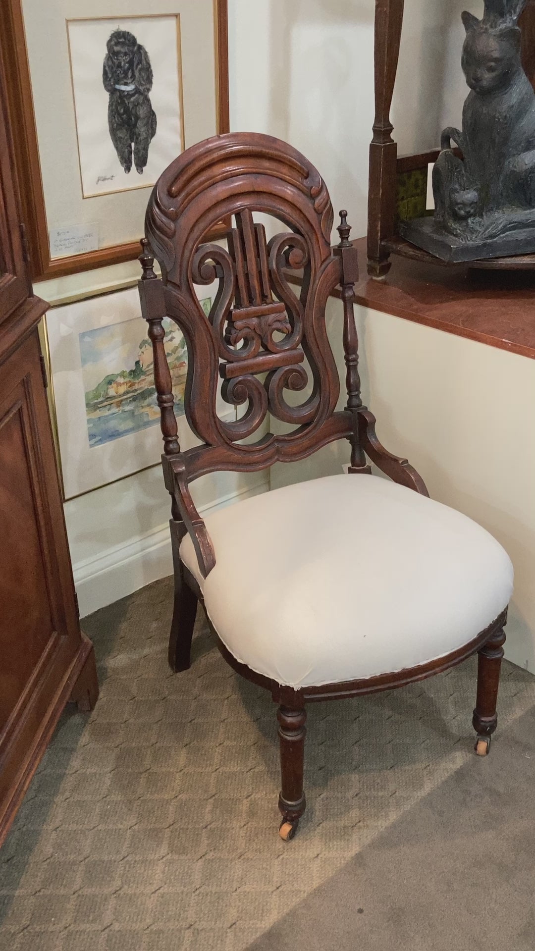 Antique American 19th Century Victorian Carved Walnut Slipper Chair