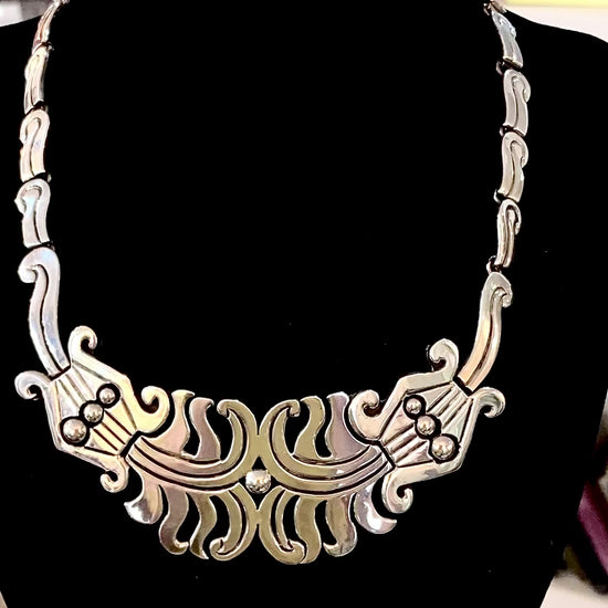 Vintage 1940's Mexico Sterling Silver Incised Hector Aguilar Statement Necklace Video on form