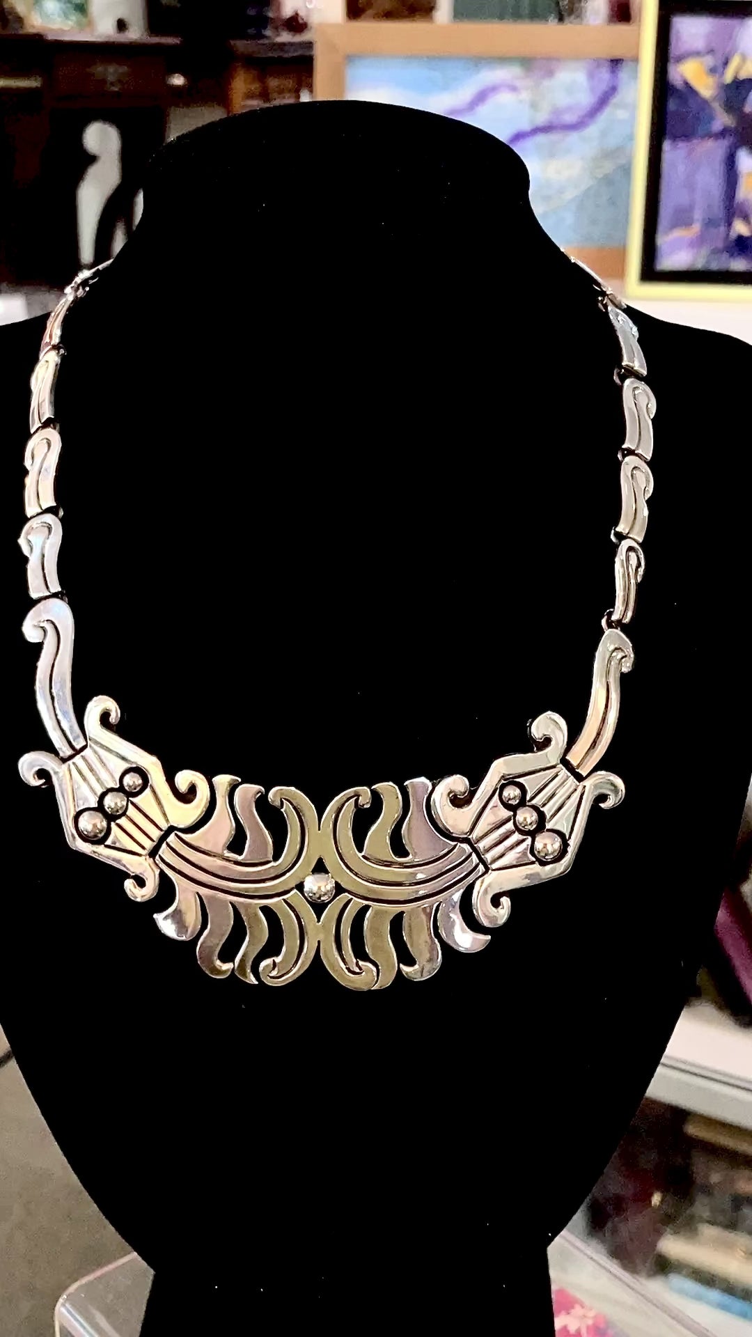 Vintage 1940's Mexico Sterling Silver Incised Hector Aguilar Statement Necklace Video on form