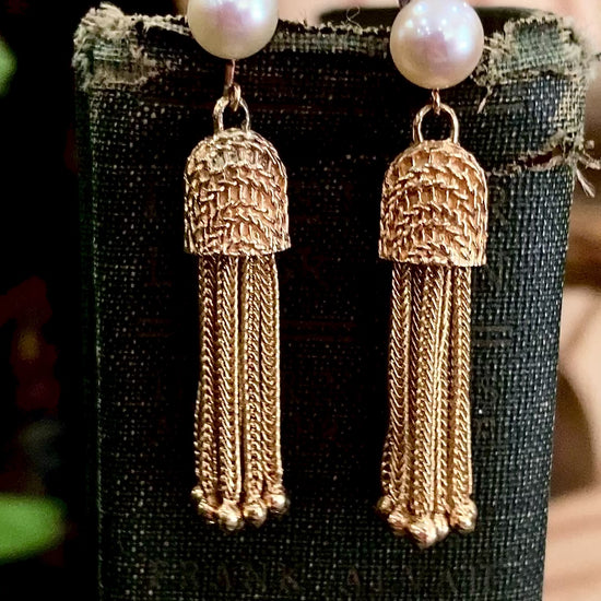 Vintage Italian 14K Yellow Gold Pearl Braided Tassel Dangle Post Earrings Video