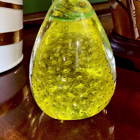 Colorful Unsigned Blown Bubble Glass Yellow Pear Fruit Paperweight Video