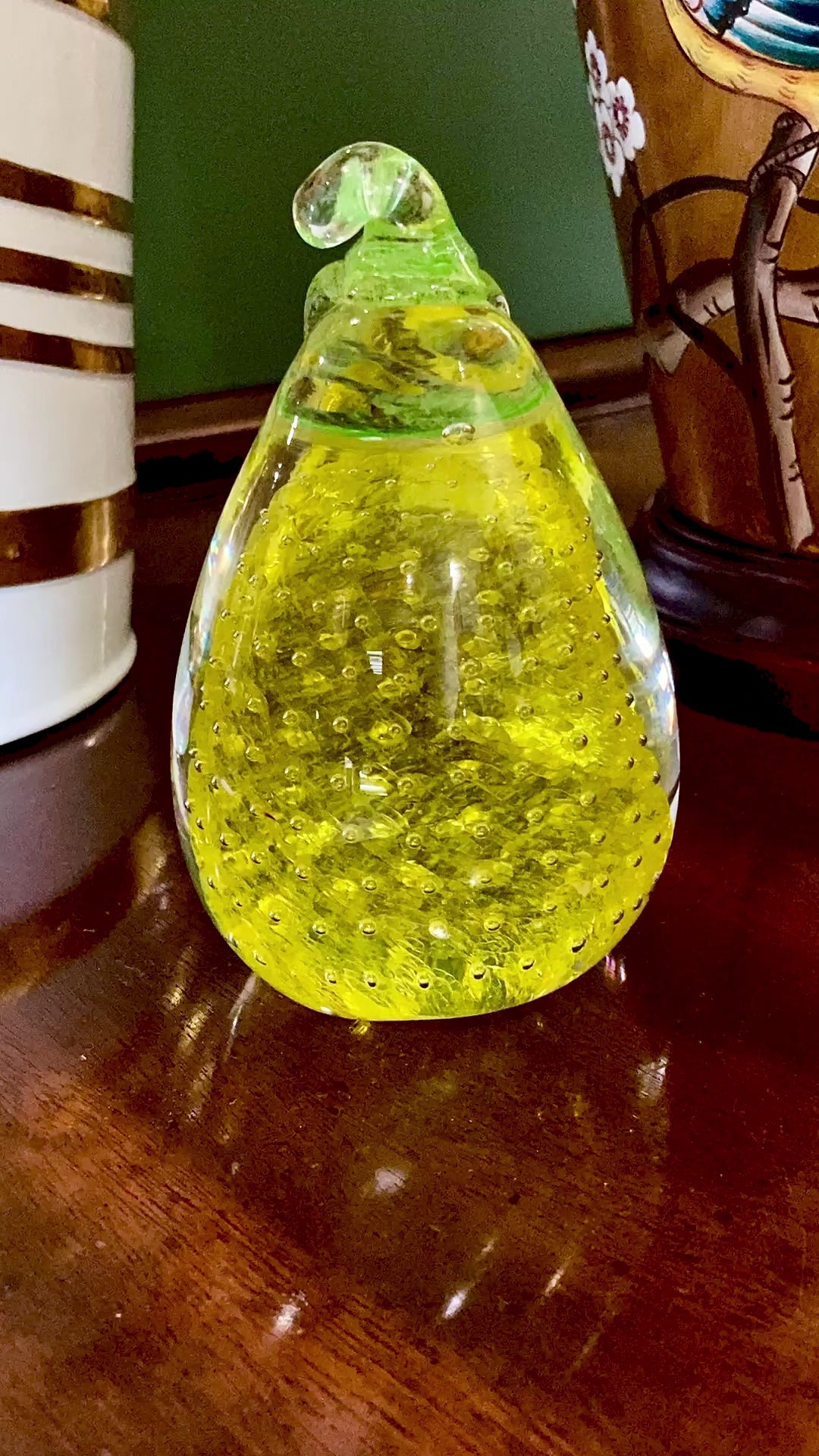 Colorful Unsigned Blown Bubble Glass Yellow Pear Fruit Paperweight Video