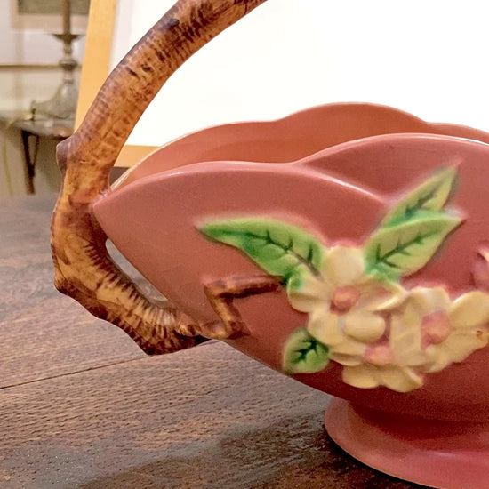 Vintage 1940s Roseville Pink Apple Blossom Ceramic Branch Handle Basket Bowl