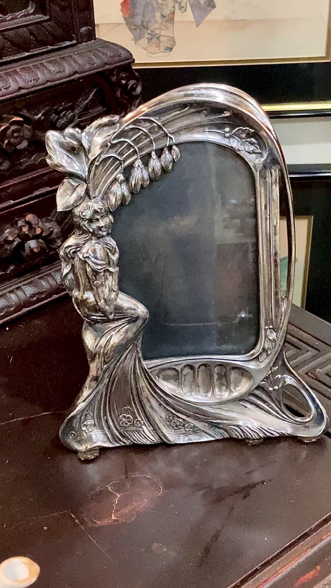 Antique 1900s Austrian Art Nouveau Silvered Pewter Figural Picture Frame Video