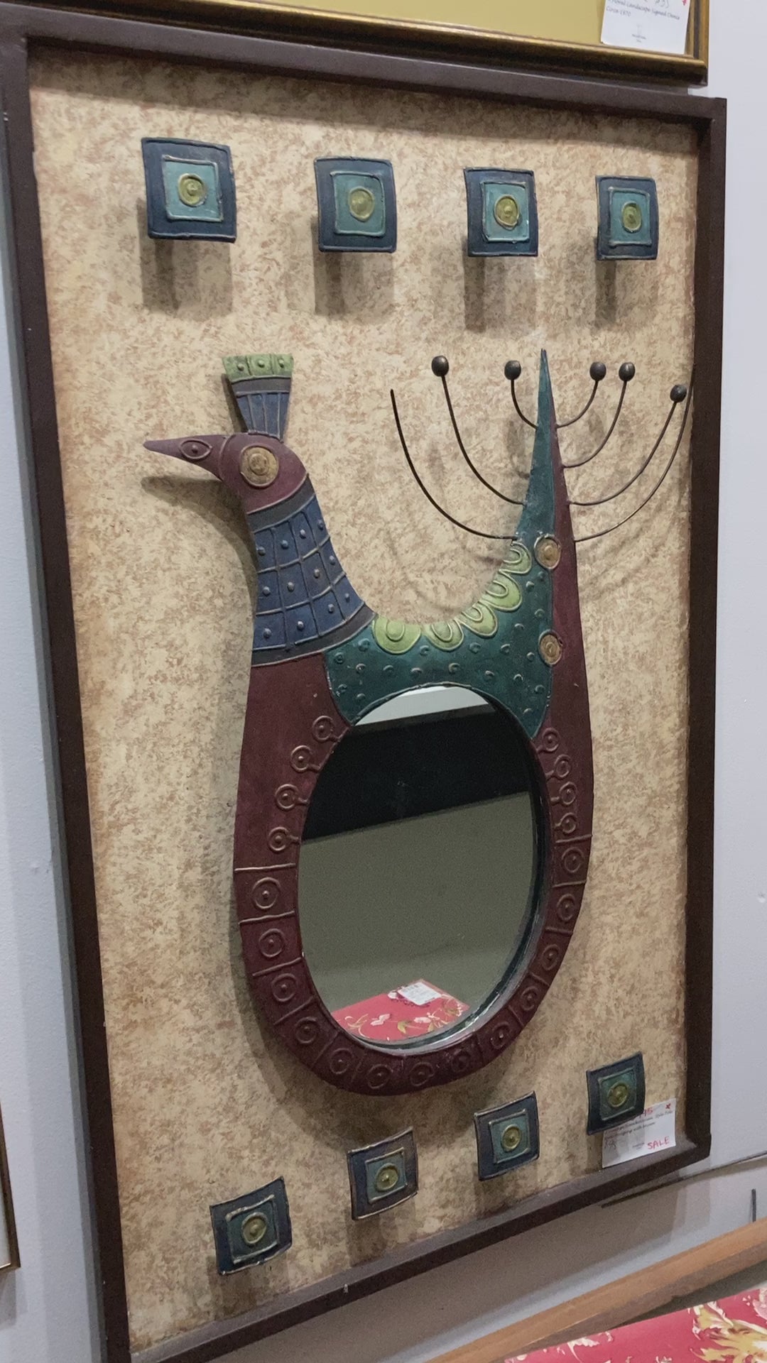 xVintage Scandinavian Folk Bird Style Tole Wall Mirror Art