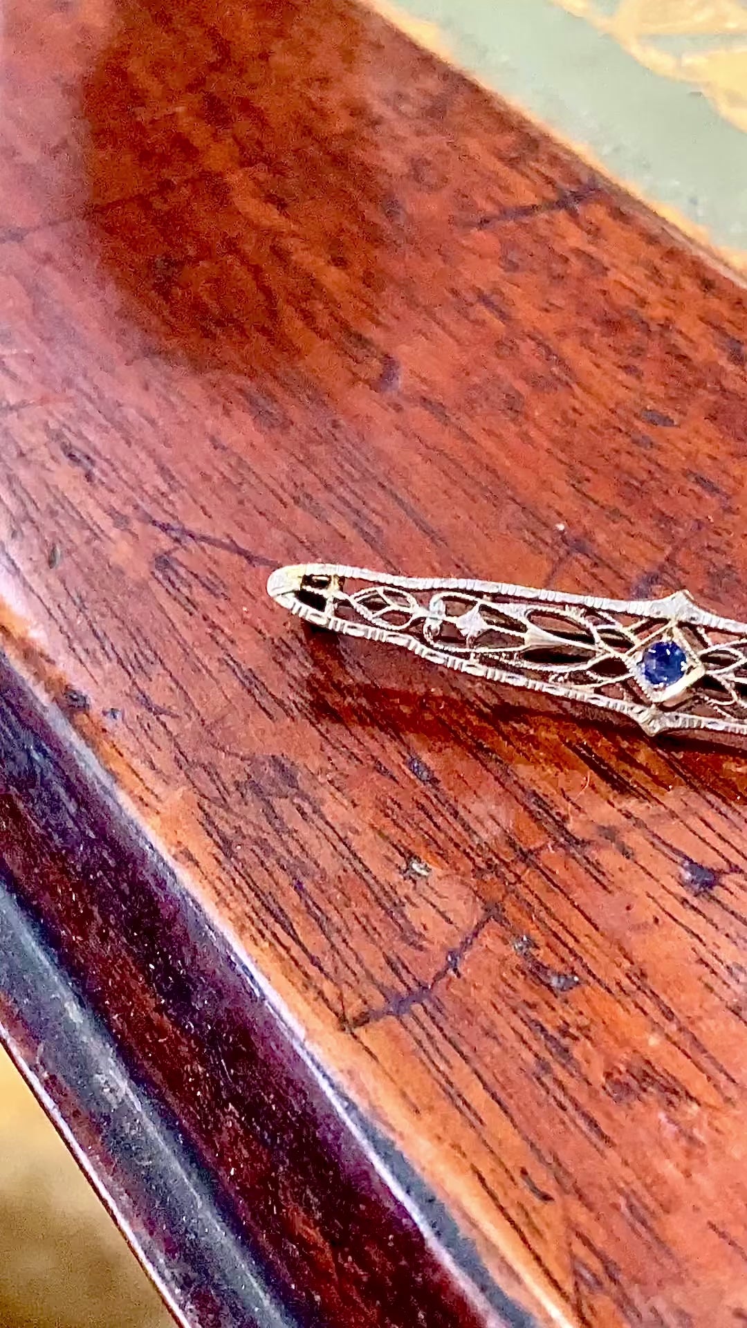 Antique Art Deco 14K Yellow Gold Blue Gemstone Filigree Bar Pin Brooch Video