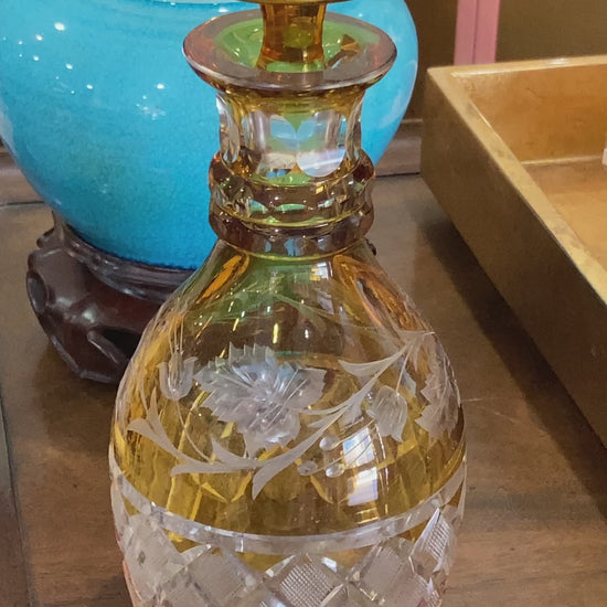 Antique Amber Cut To Clear Floral Vine Motif Mushroom Top Decanter Video