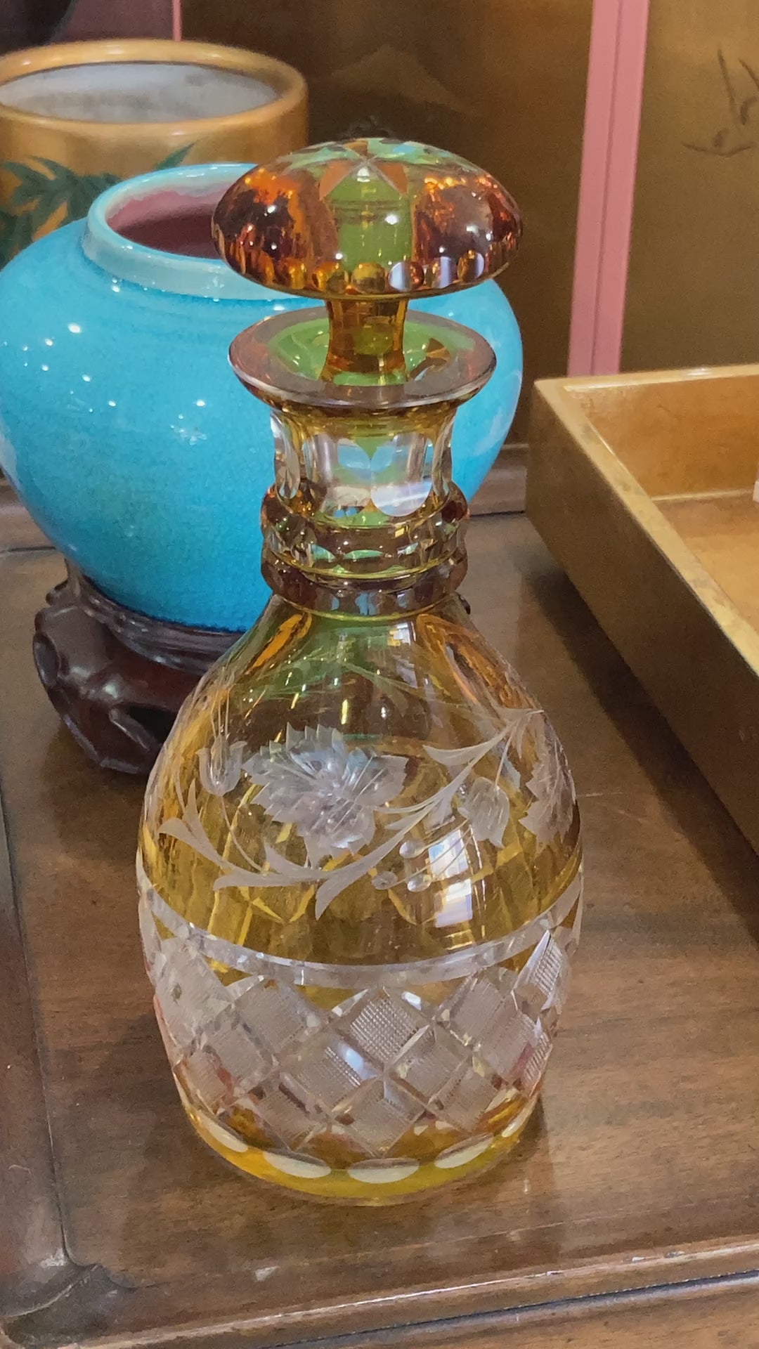 Antique Amber Cut To Clear Floral Vine Motif Mushroom Top Decanter Video