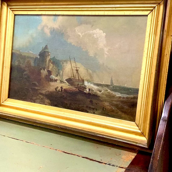 Antique 19th Century Dover Cliff Seaside Landscape Framed Oil Painting Video