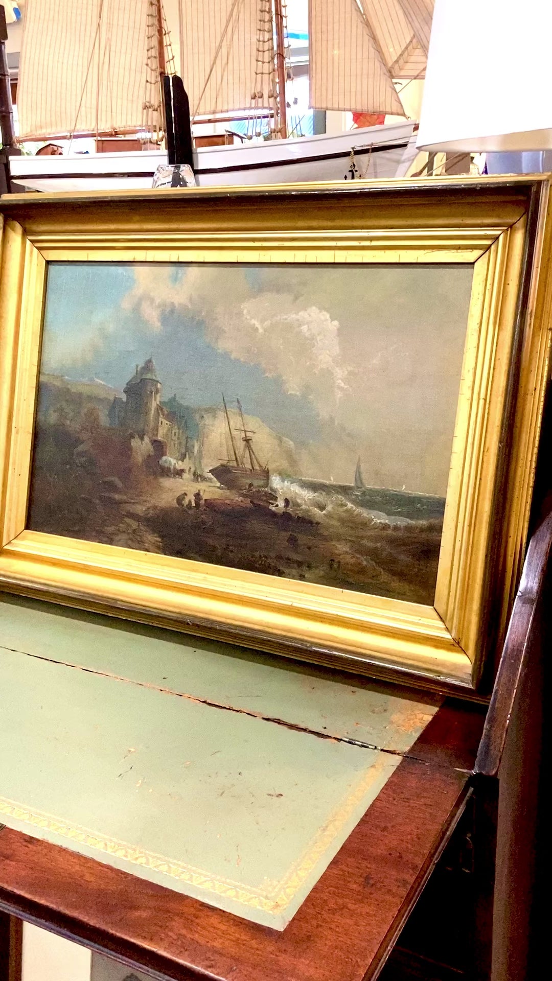 Antique 19th Century Dover Cliff Seaside Landscape Framed Oil Painting Video