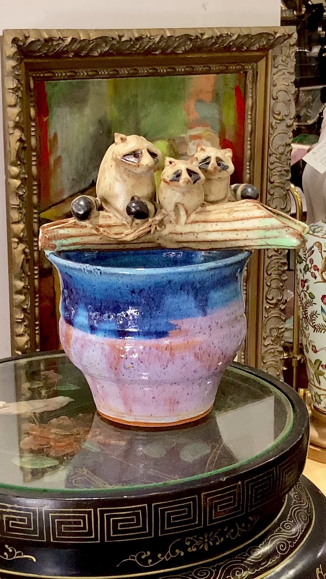 1986 Steve Vasiliou Purple Blue Raccoon Family Ceramic Planter Pot Vessel Video