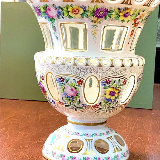 Antique White Cut-to-Clear Floral Enameled Bohemian Glass Footed Vase Video