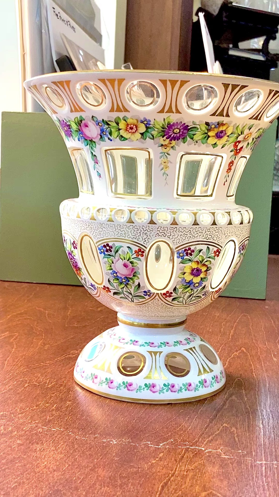 Antique White Cut-to-Clear Floral Enameled Bohemian Glass Footed Vase Video