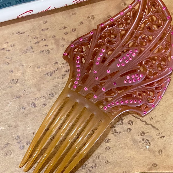 Antique Celluloid Pink Rhinestone Art Deco Hair Comb Accessory Video