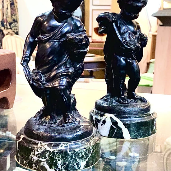 19th Century Pair of Bronze Neoclassical Child Figures on Marble After Etienne Falconnet on glass video