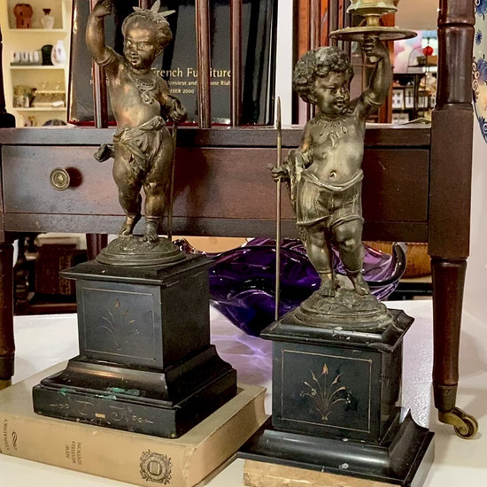 19th Century Pair Antique Bronze French Putti Candlesticks Slate Base Video