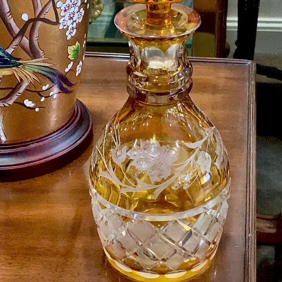 Antique Amber Glass Cut To Clear Floral Vine Motif Mushroom Top Decanter