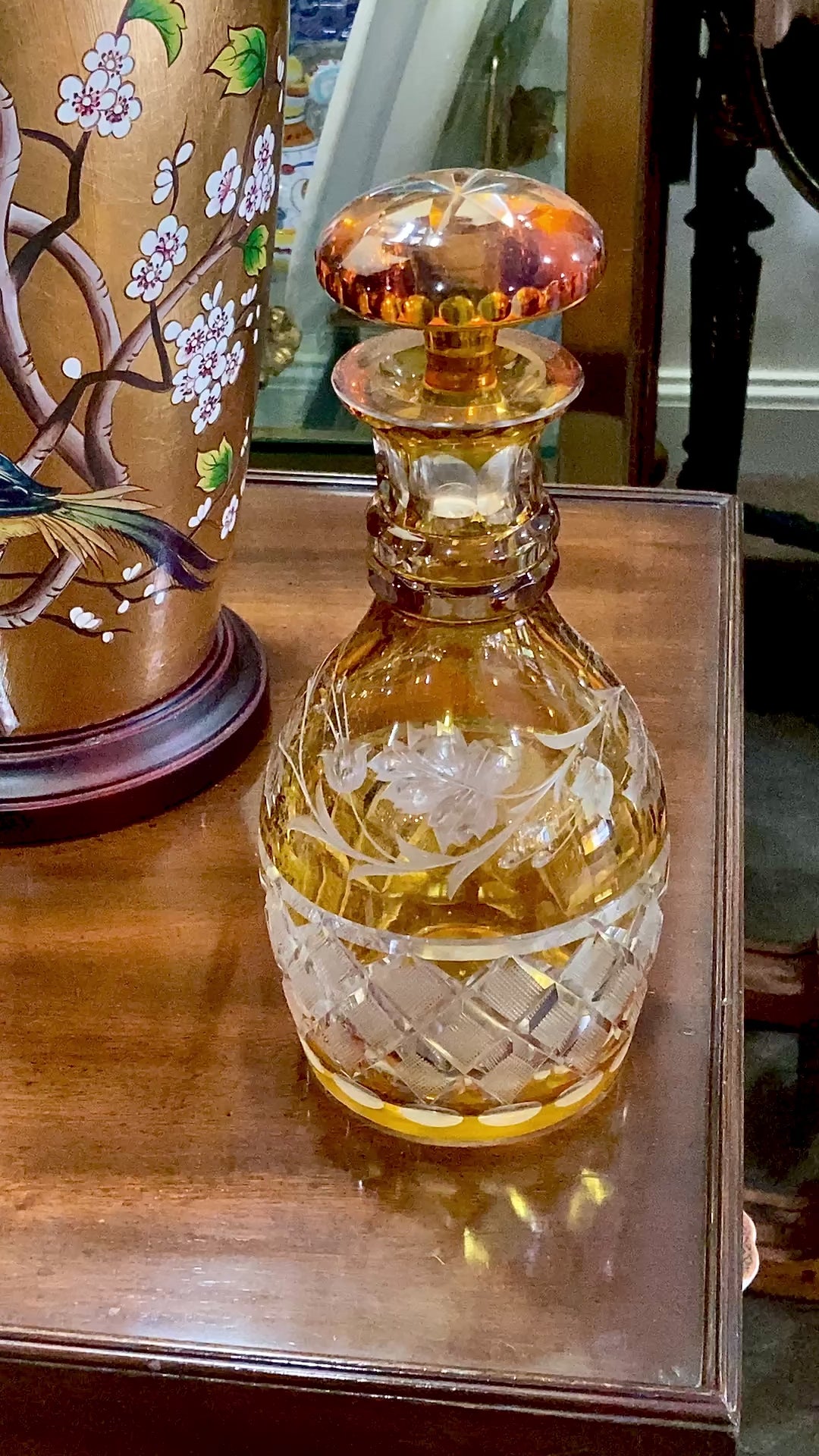 Antique Amber Glass Cut To Clear Floral Vine Motif Mushroom Top Decanter