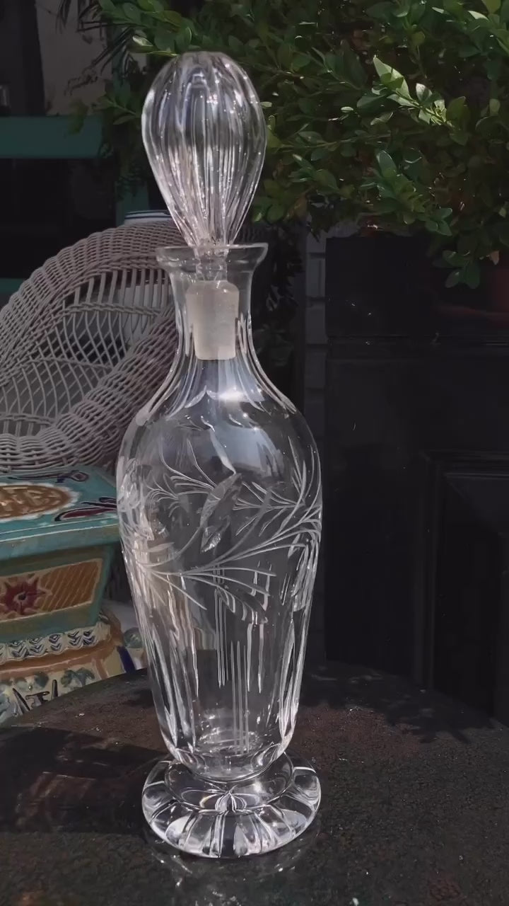 Vintage Clear Glass Etched Details Sculptural Stopper Decanter Barware