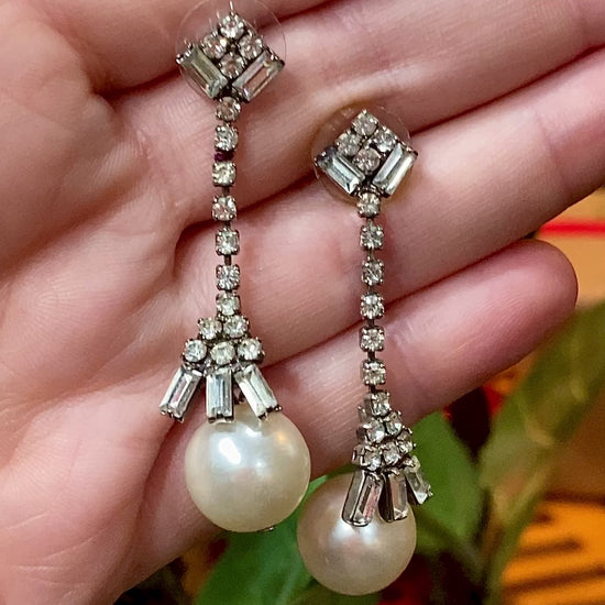 Vintage Deco Style Rhinestone Faux Pearl Dangle Post Earrings