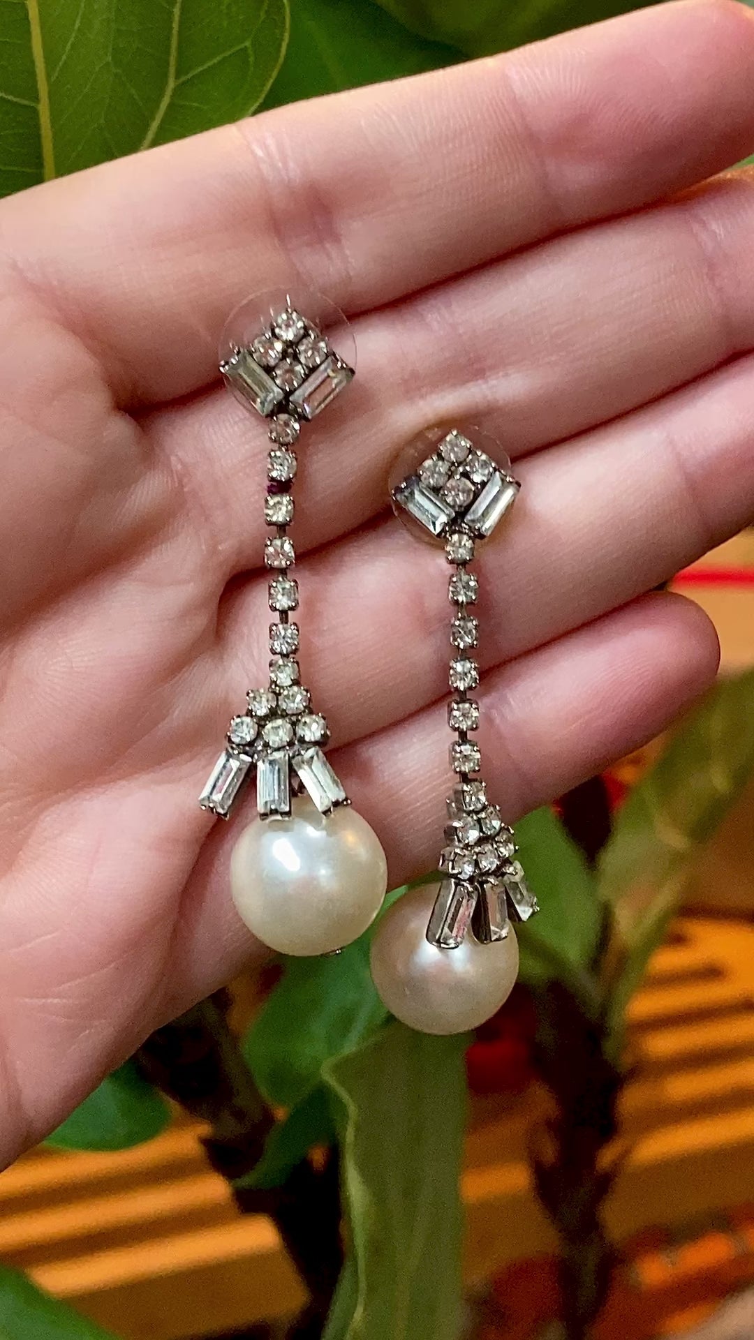 Vintage Deco Style Rhinestone Faux Pearl Dangle Post Earrings