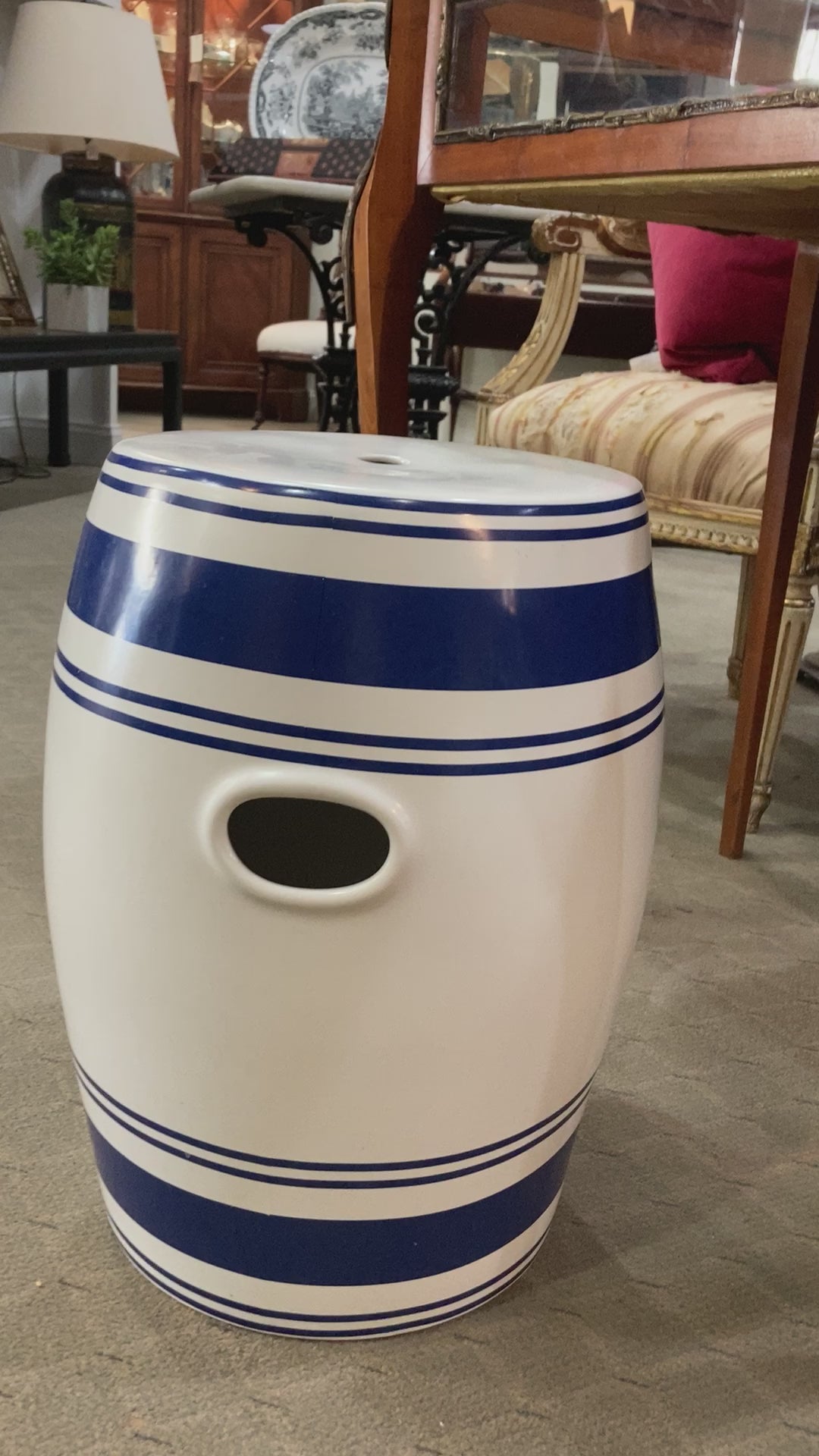 New Port 68 Blue Striped White Modern Ceramic Garden Stool Side Table