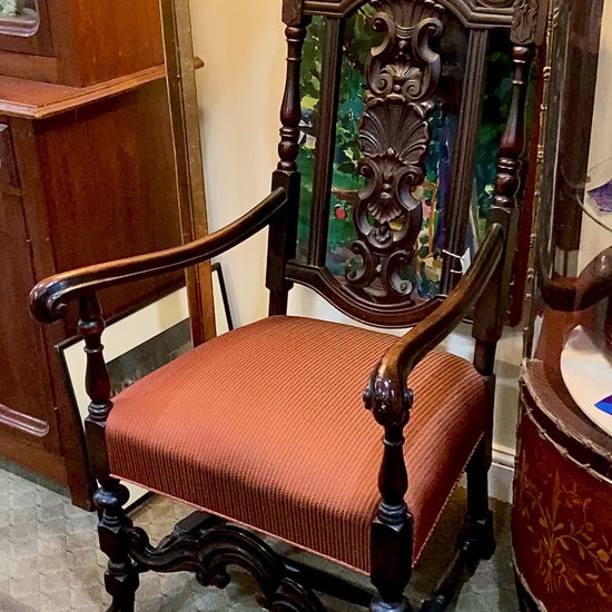 Antique 1900s Jacobean Style Carved Walnut Wood Upholstered Throne Chair Video