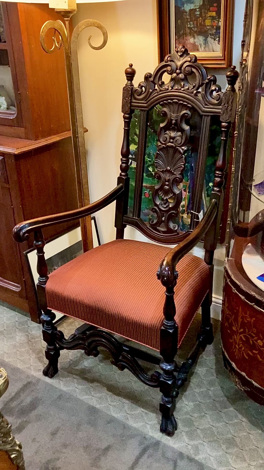 Antique 1900s Jacobean Style Carved Walnut Wood Upholstered Throne Chair Video