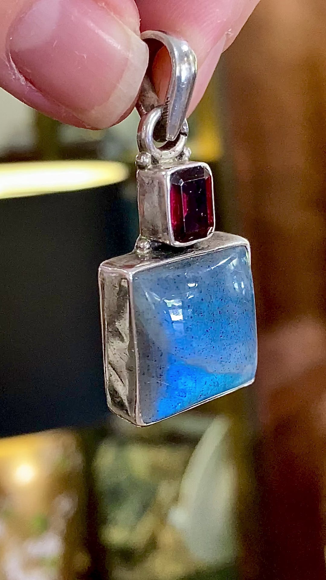 Sterling Silver Iridescent Blue Feldspar Red Garnet Square Pendant Video