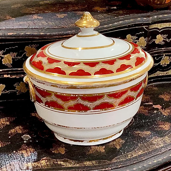 Antique 19th Century English Gilt Gold Iron Red Decorated Covered Porcelain Sugar Bowl Video