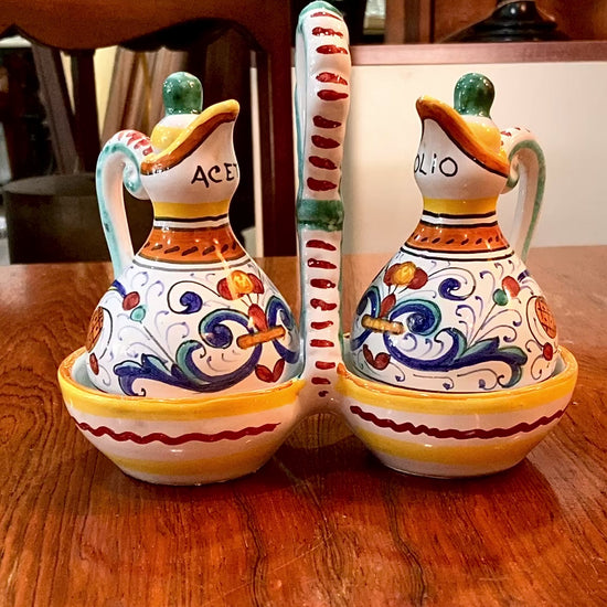 Vintage Italian Hand Painted Ceramic Oil Vinegar Cruet Tray Set