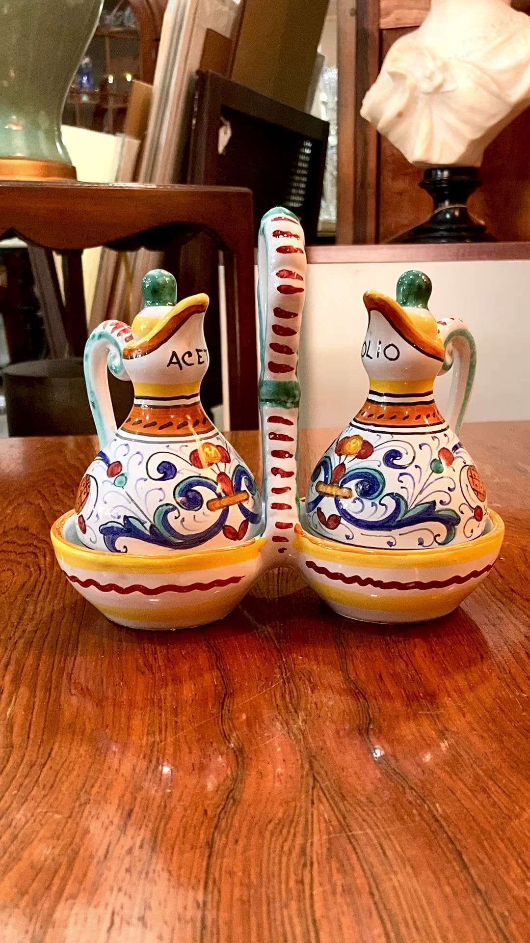 Vintage Italian Hand Painted Ceramic Oil Vinegar Cruet Tray Set