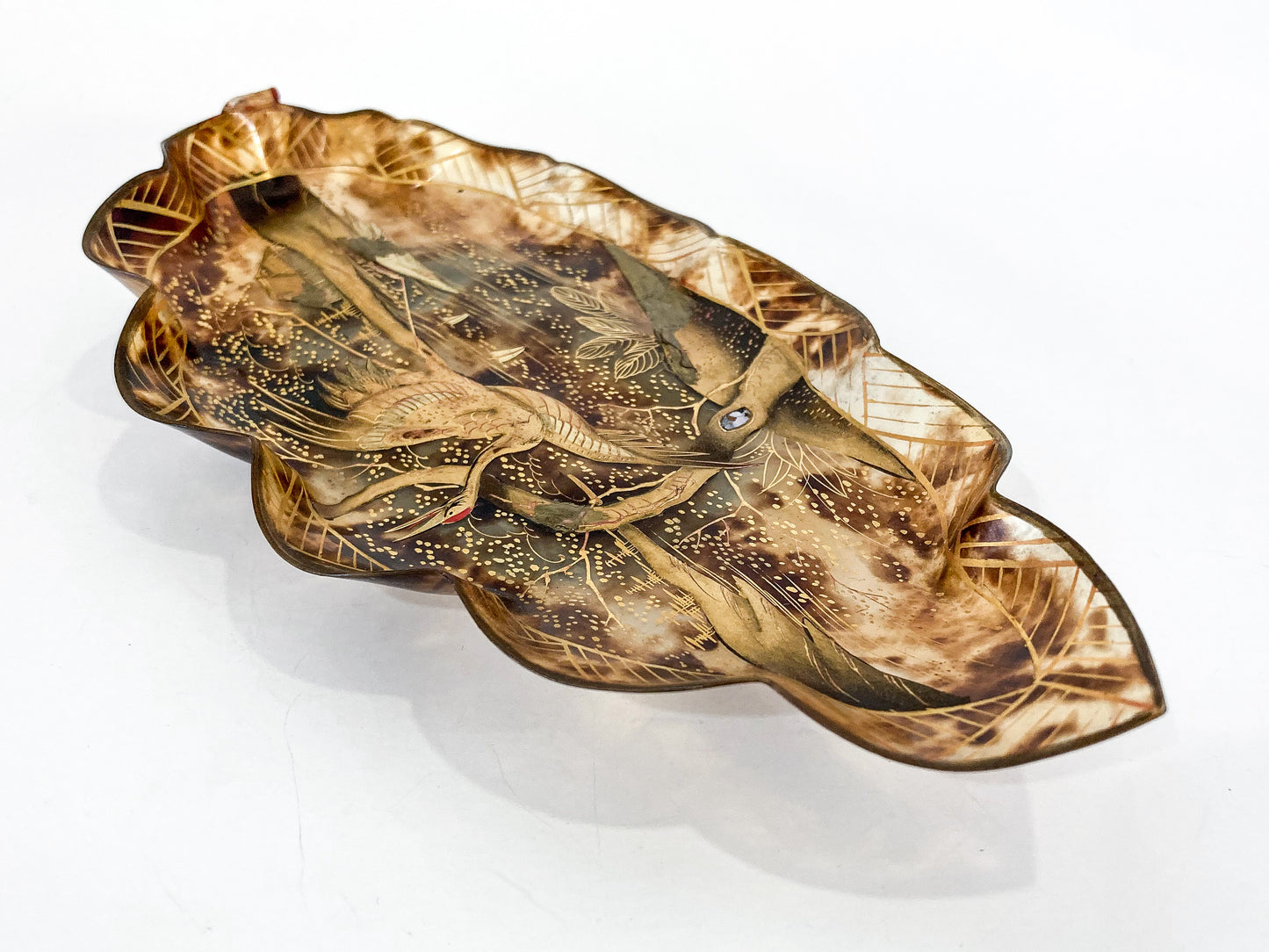 Antique Leaf Shape Gilt Crane Tortoise Shell Lacquer Dish Japanese Tray Slightly to Front