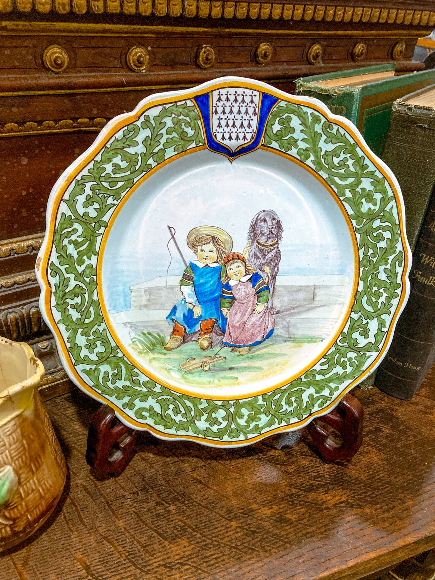 Antique 19th Century Dog Figural Scene Porquire Quimper Faience Pottery Plate